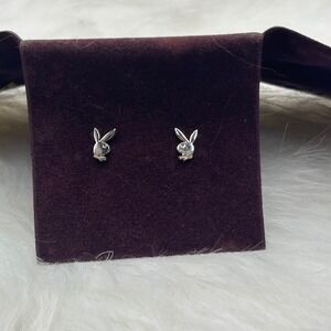 Vintage 80's Unisex Playboy Playmate Jewelry Silver Tone Bunny Stud Earrings